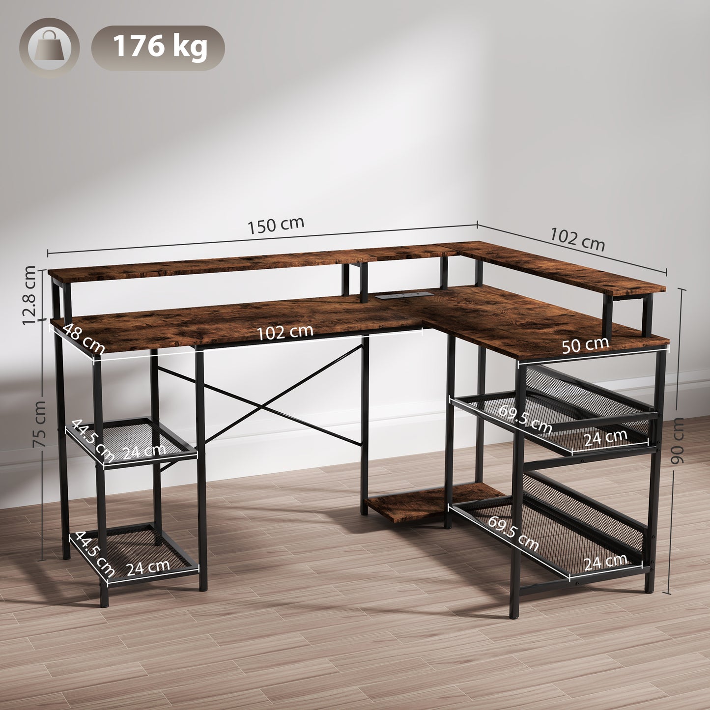 Mosovi Brown L Shaped Desk With Built In LED Lighting And Shelves