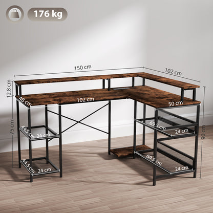 Mosovi Brown L Shaped Desk With Built In LED Lighting And Shelves