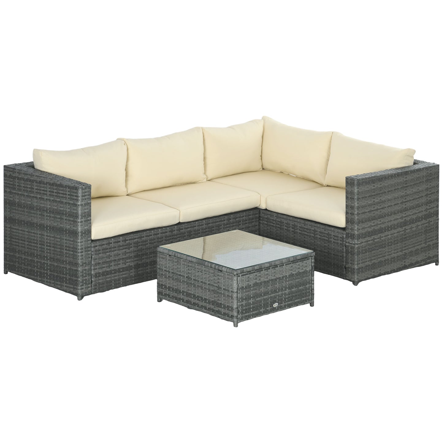 Sapana Rattan Grey and Cream 4 Seater Corner Garden Sofa Set With Glass Top Table