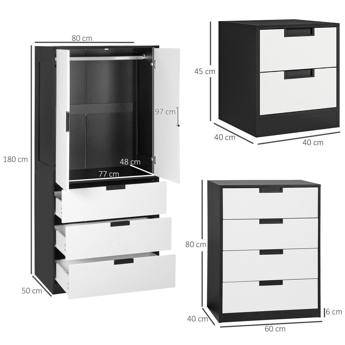 Coraniva White And Black Bedroom Furniture Set With Wardrobe Chest Of Drawers And 2 Bedside Tables