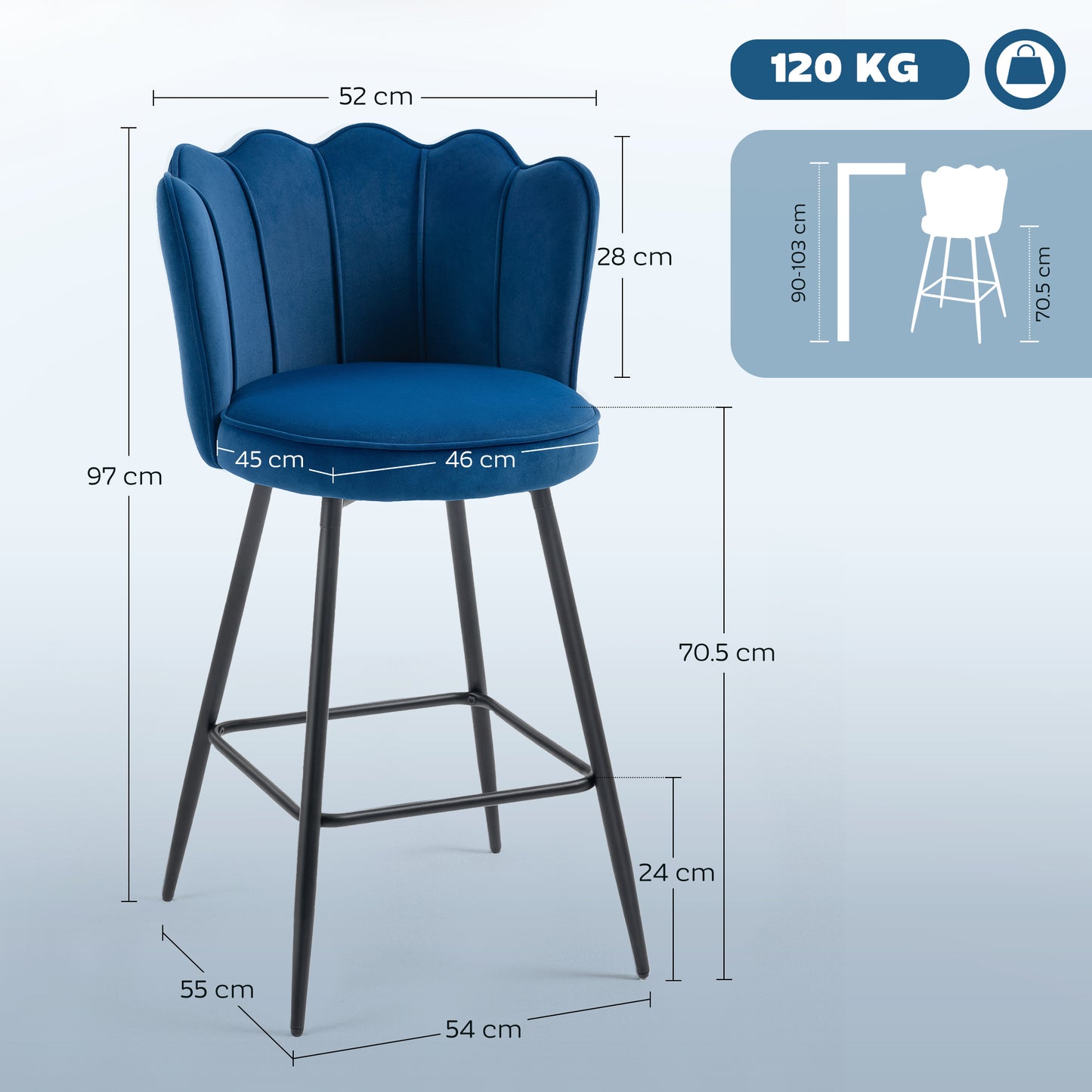 Yovafi Set Of 2 Dark Blue Velvet Upholstered Lotus Style Bar Stools