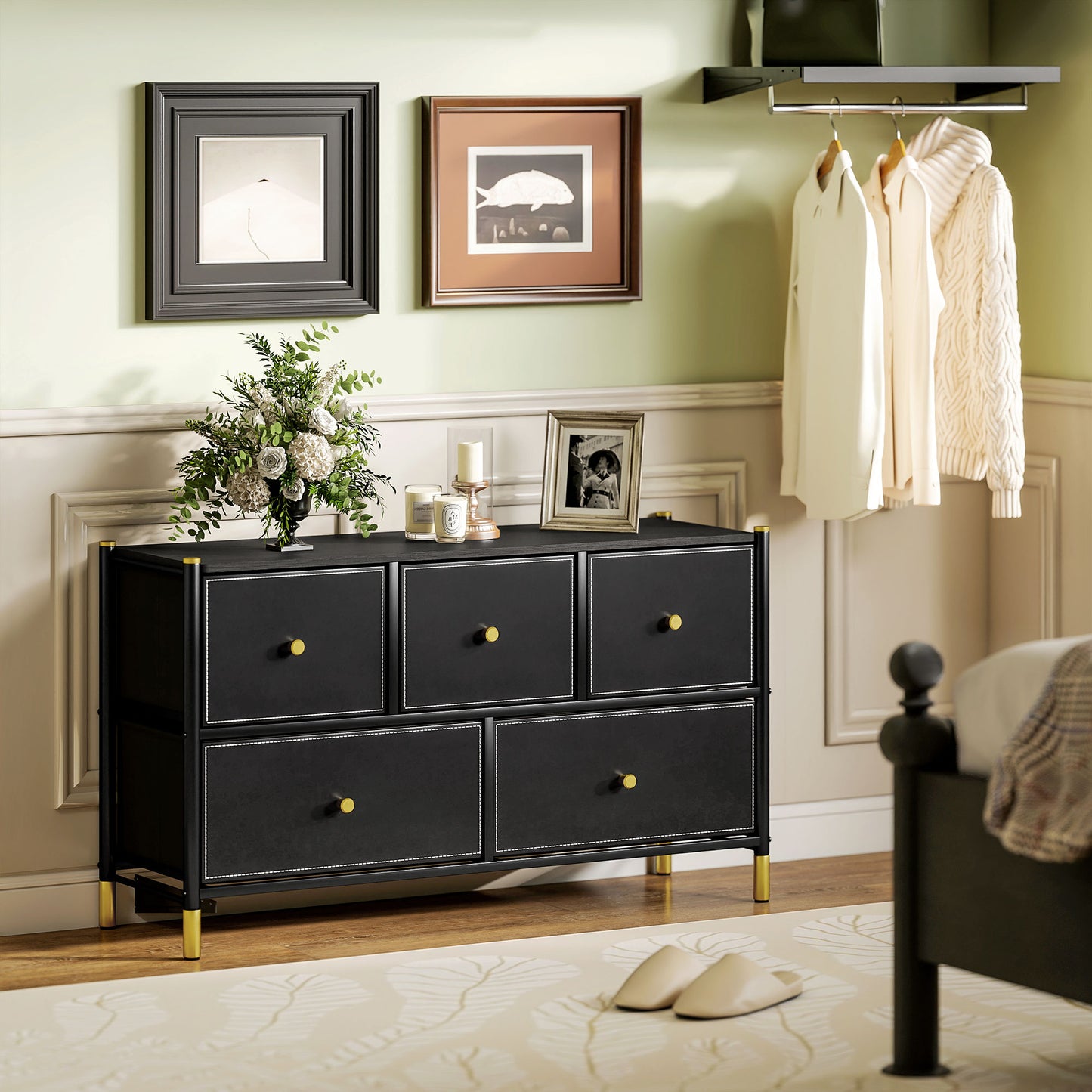Lomomo Faux Leather Black Front Panel Chest Of Drawers