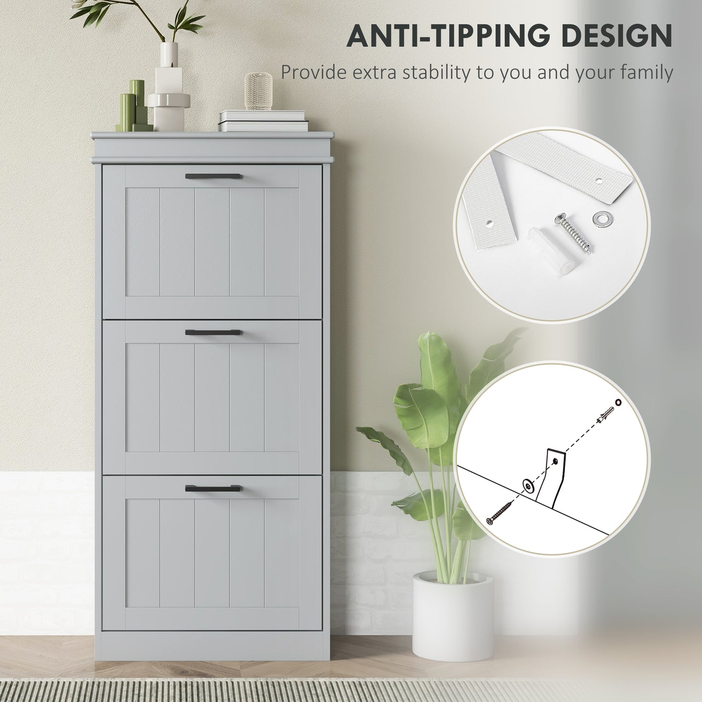 Keliba Kaha Wooden Grey Minimal 3 Drawer Shoe Cabinet