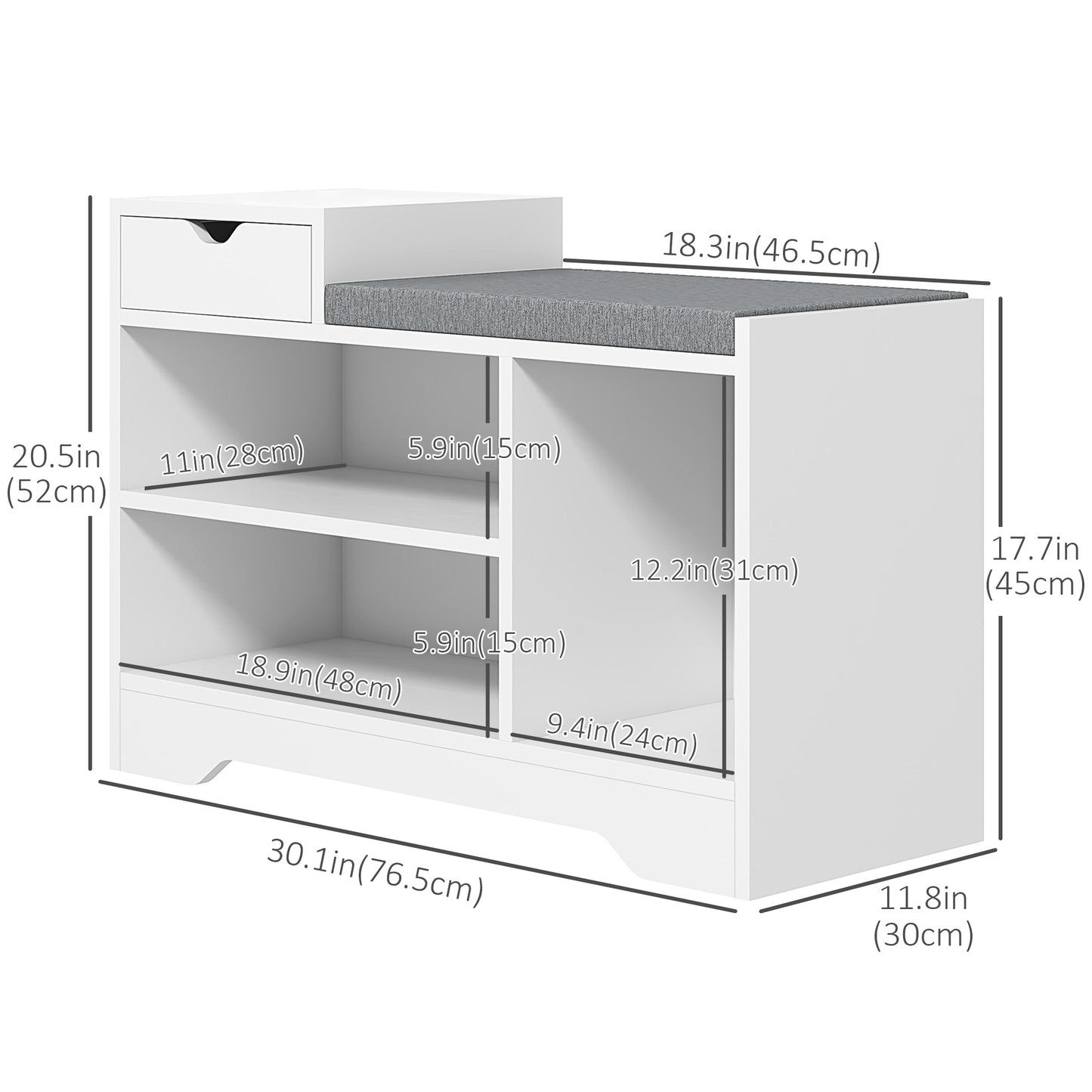 Norata Wooden White Multi Compartment Shoe Bench With Grey Cushioned Seat