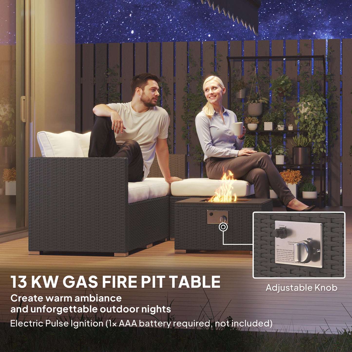 Misa Rattan Black And Cream 5 Piece Garden Furniture Set With Gas Fire Pit Table And Footstool