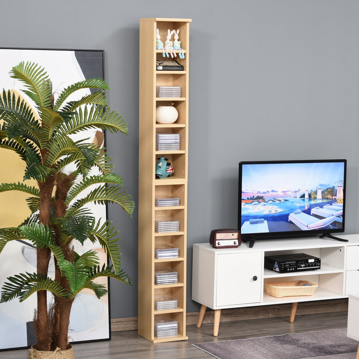 Vave Wood Natural Finish Set Of 2 CD And Blu Ray Media Storage Towers With Adjustable Shelves