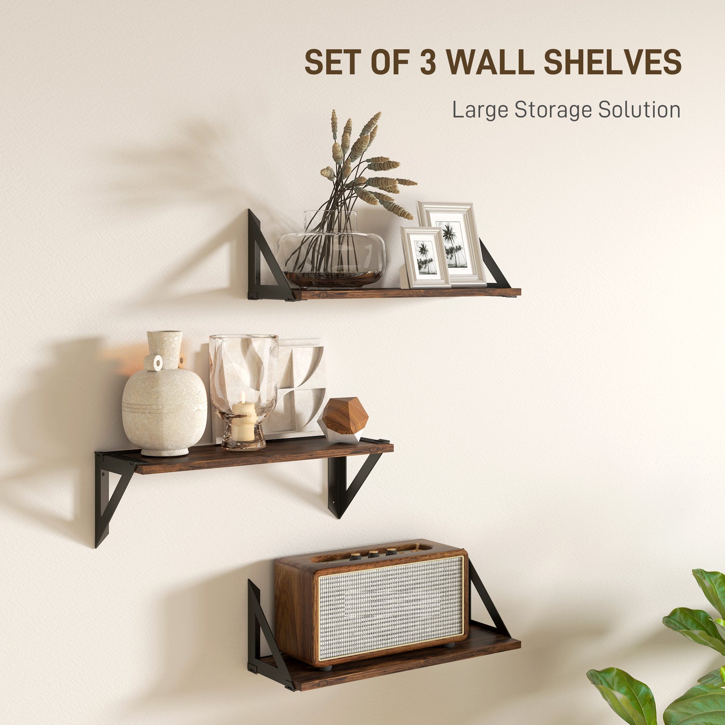 Filozi Wood Rustic Brown Set Of 3 Vintage Style Wall Mounted Shelves 43 cm