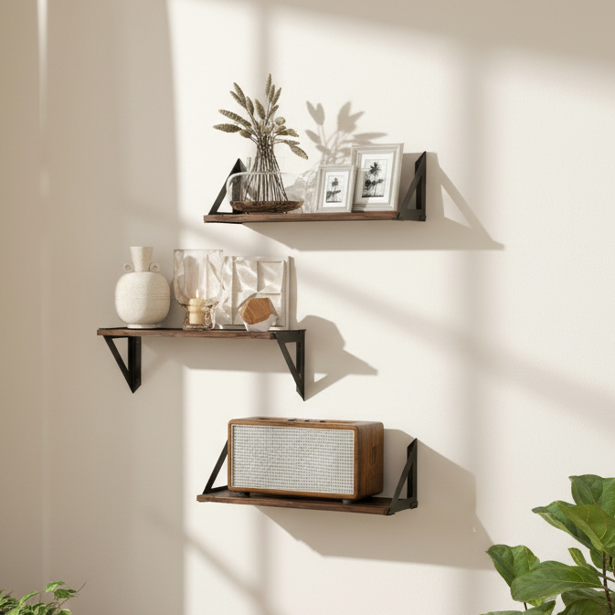 Filozi Wood Rustic Brown Set Of 3 Vintage Style Wall Mounted Shelves 43 cm