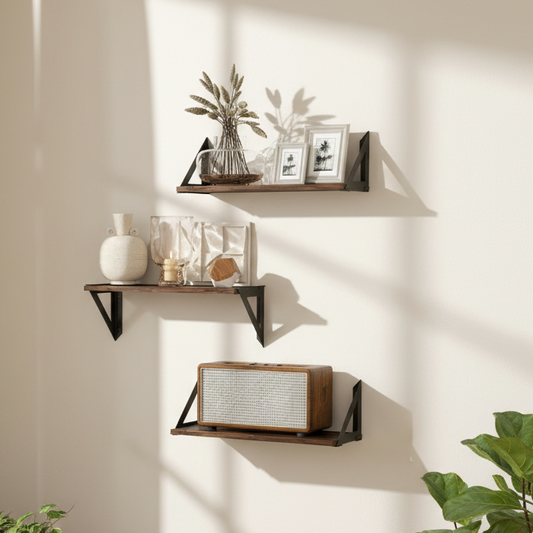 Filozi Wood Rustic Brown Set Of 3 Vintage Style Wall Mounted Shelves 43 cm