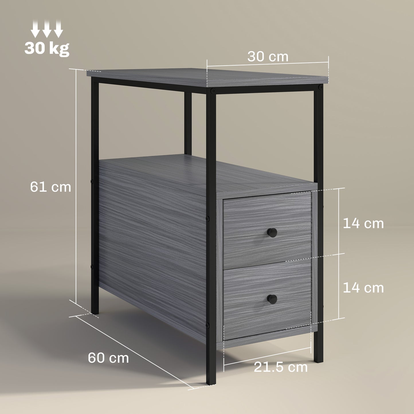 Loto Wooden Grey Wood Effect Narrow Bedside Table With 2 Drawers And Top Shelf