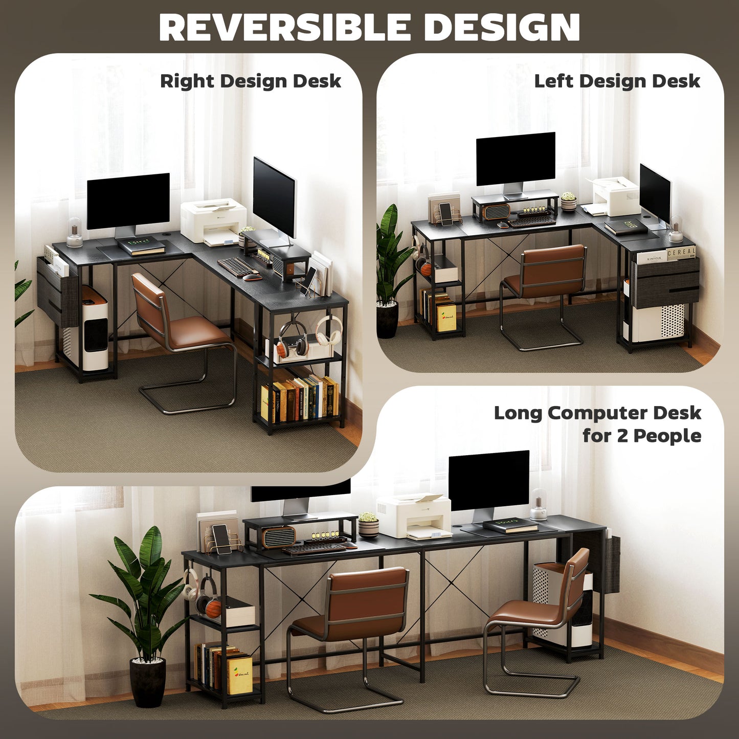 Kadoso 168cm Black Reversible Industrial L Shaped Desk With Adjustable Shelves And Monitor Stand