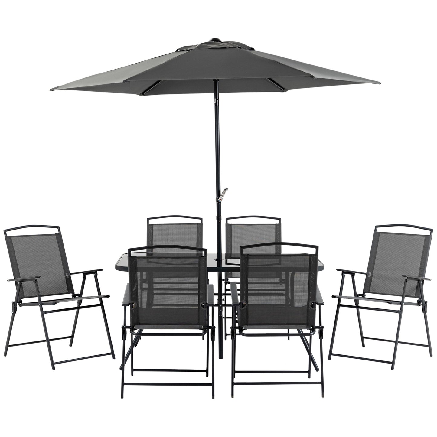Rera 6 Seater Black Metal and Mesh Garden Dining Set with Chairs Table and Parasol