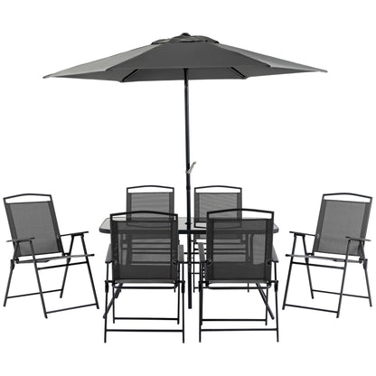 Rera 6 Seater Black Metal and Mesh Garden Dining Set with Chairs Table and Parasol