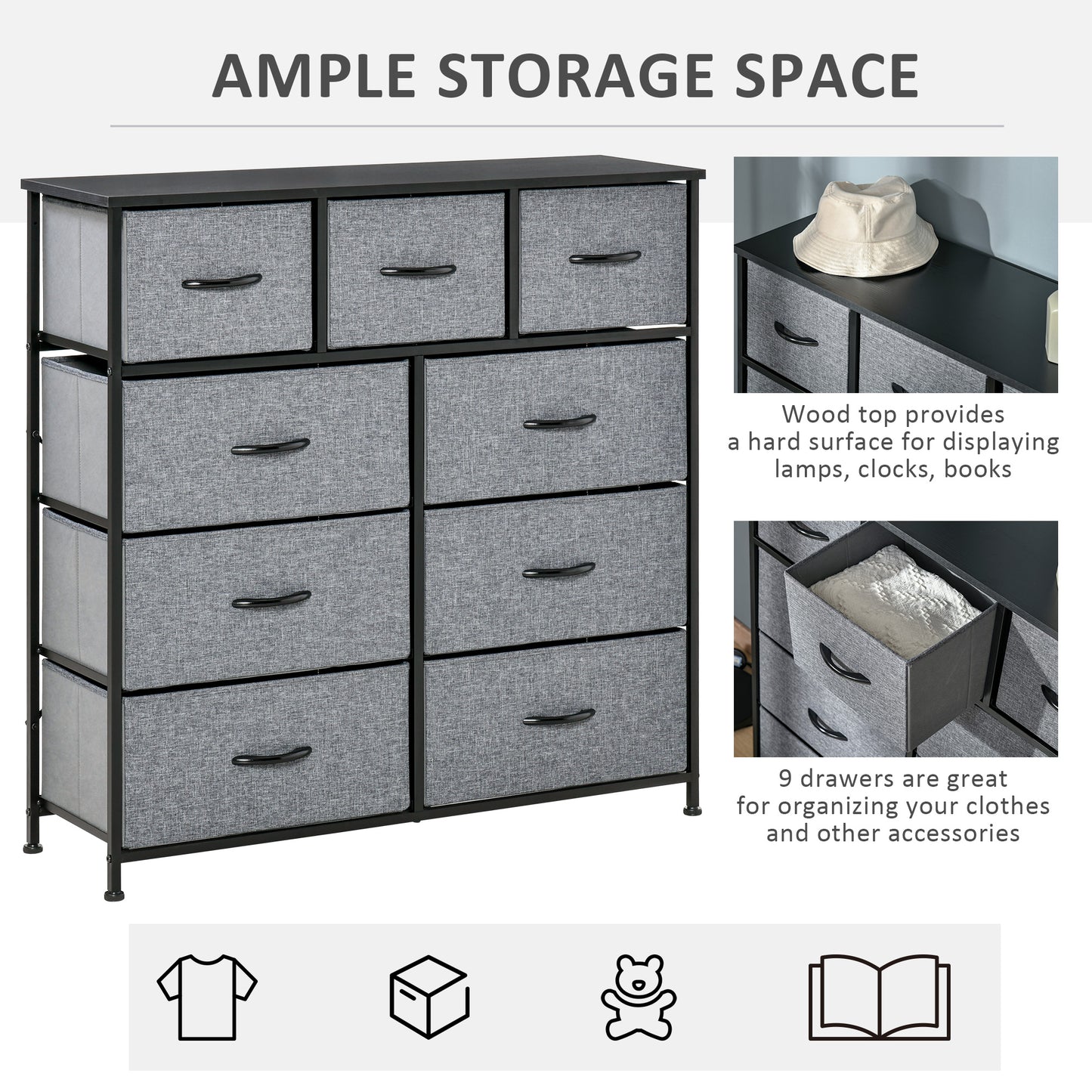 Molisa Metal And Fabric Grey 9 Fabric Drawers Storage Dresser