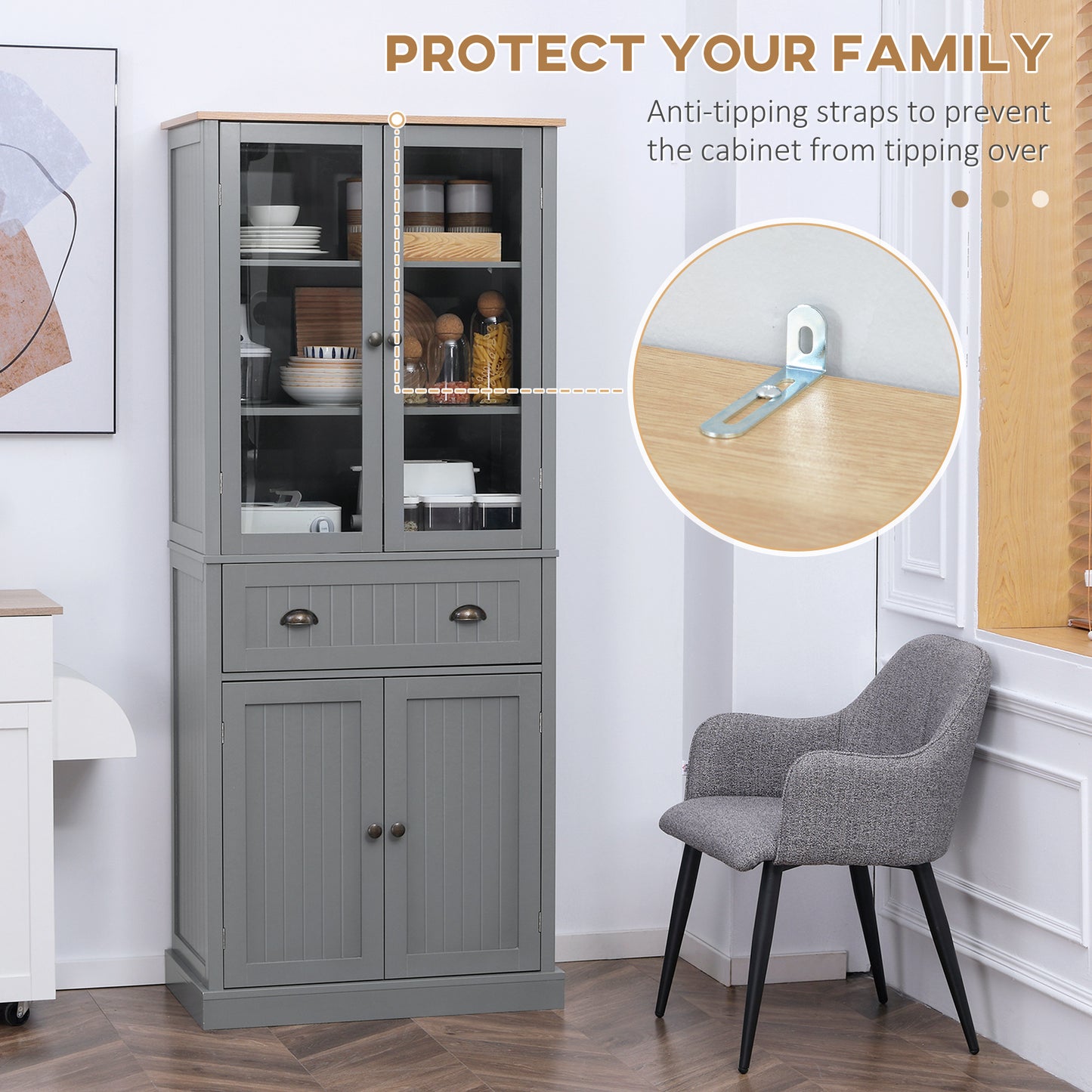 Todi Hael Wooden Grey 180 cm Tall Kitchen Pantry Cabinet Adjustable Shelves And Drawer Storage