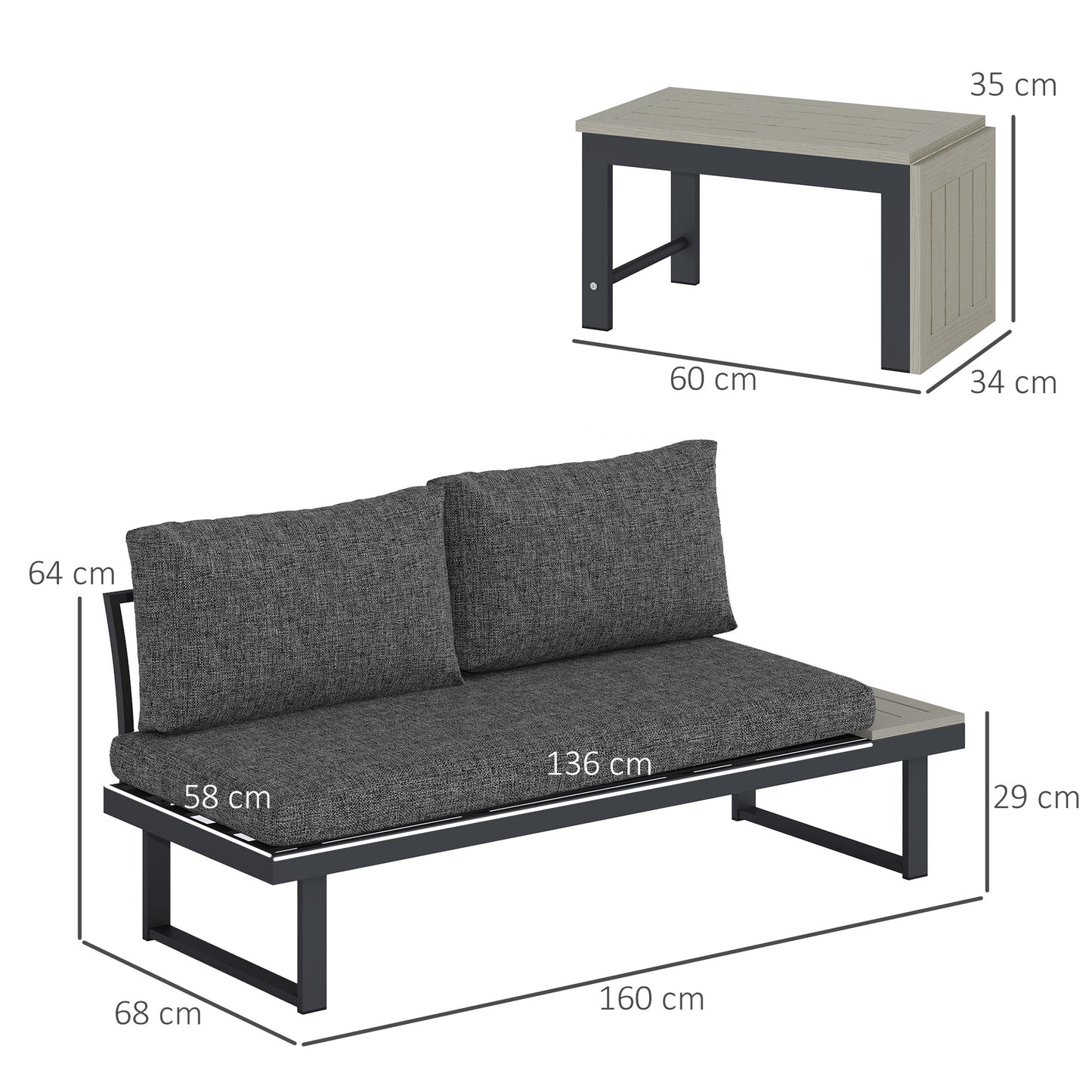 Maluki Aluminium Dark Grey 4 Seater L Shaped Garden Furniture Set With Coffee Table