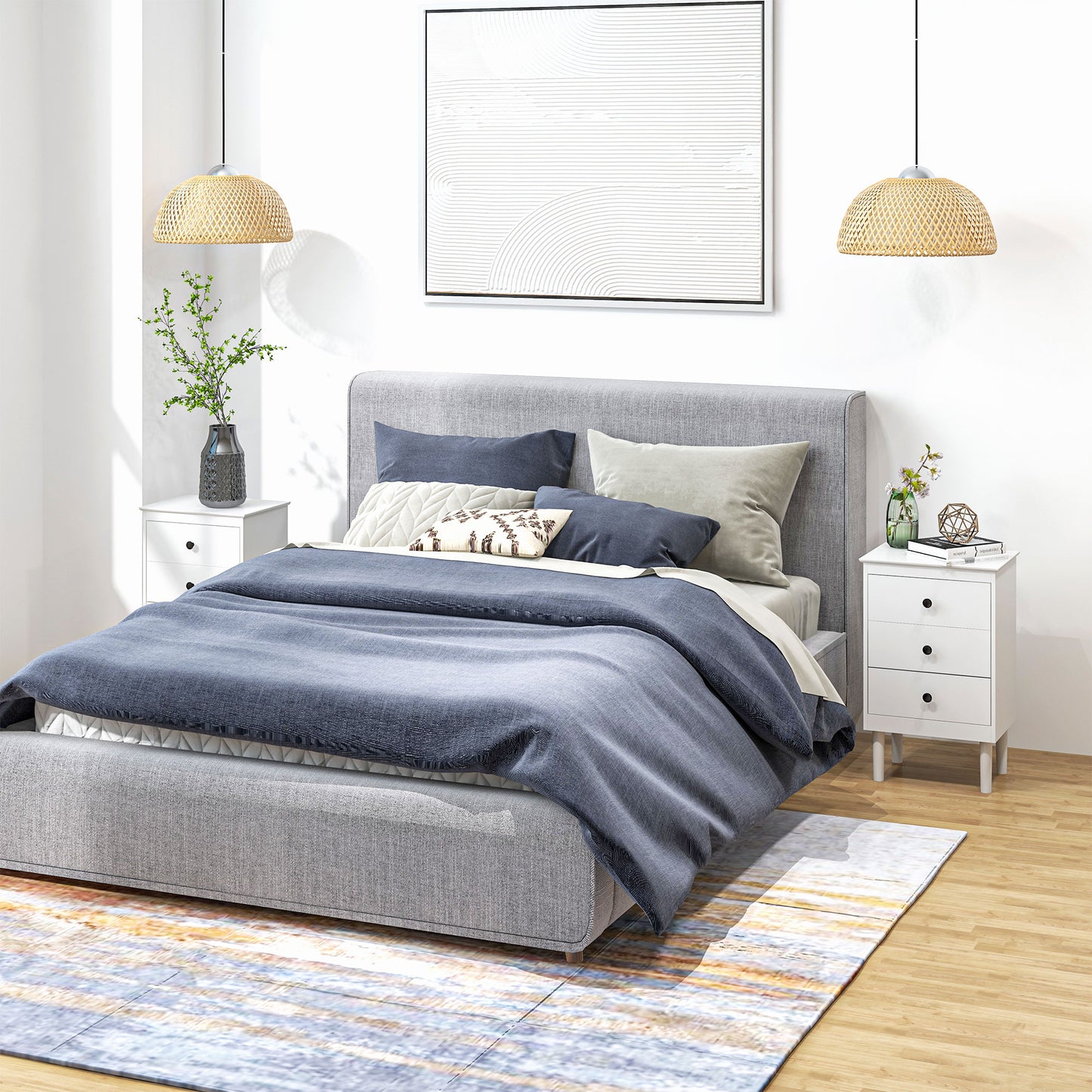 Latato Wooden White Set Of 2 Bedside Tables with 3 Drawers