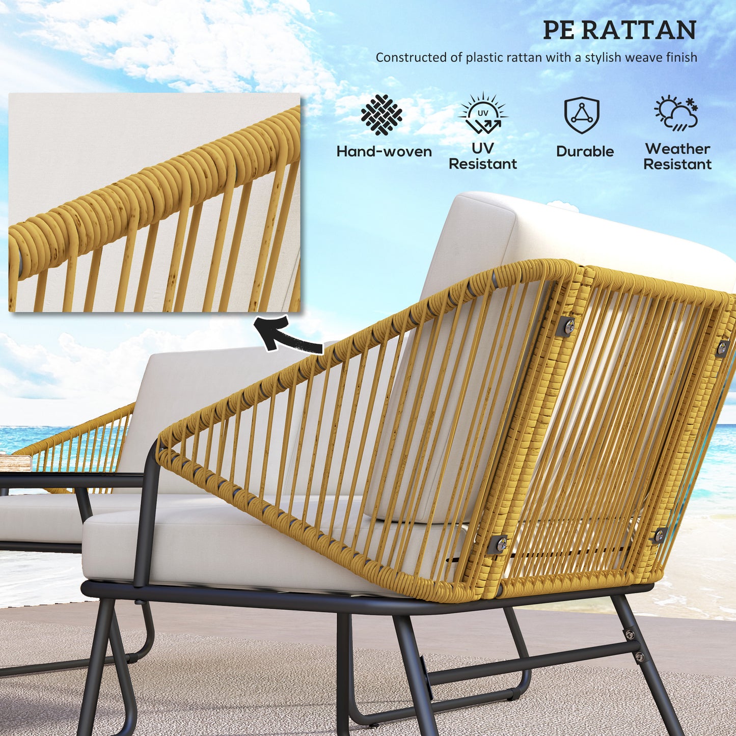 Lupano Natural Rattan Rope White Cushions 4 Seater Outdoor Sofa Set with Square Table