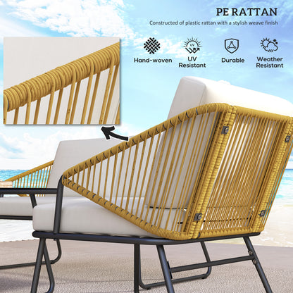Lupano Natural Rattan Rope White Cushions 4 Seater Outdoor Sofa Set with Square Table