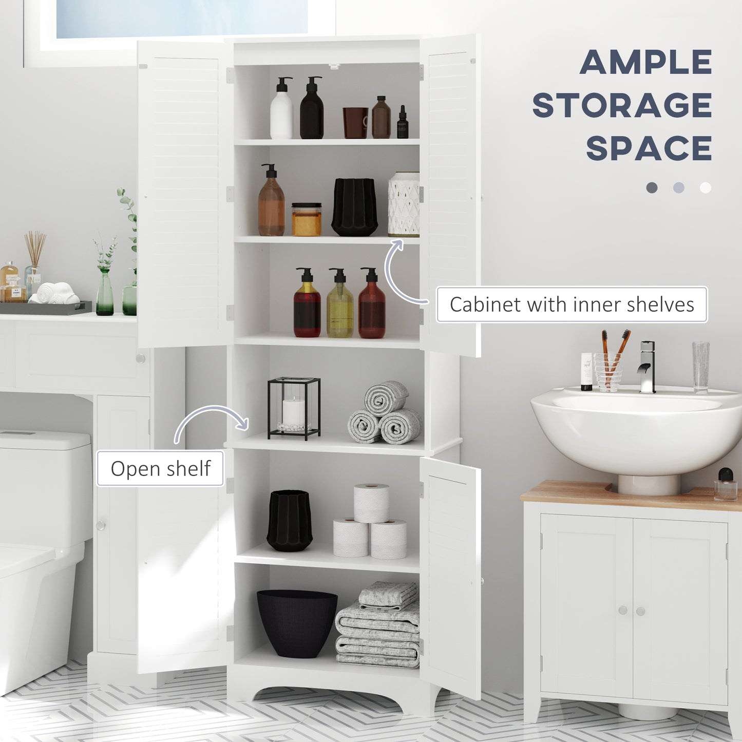 Vihave Kafi Tall Freestanding Bathroom Cabinet With Shutter Doors And Raised Base White