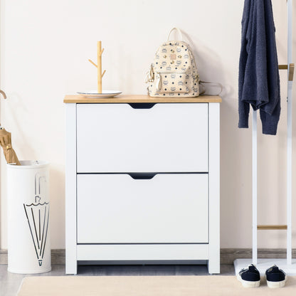 Eldino Wooden White and Natural Slim Shoe Cabinet With 2 Flip Drawers For 12 Pairs