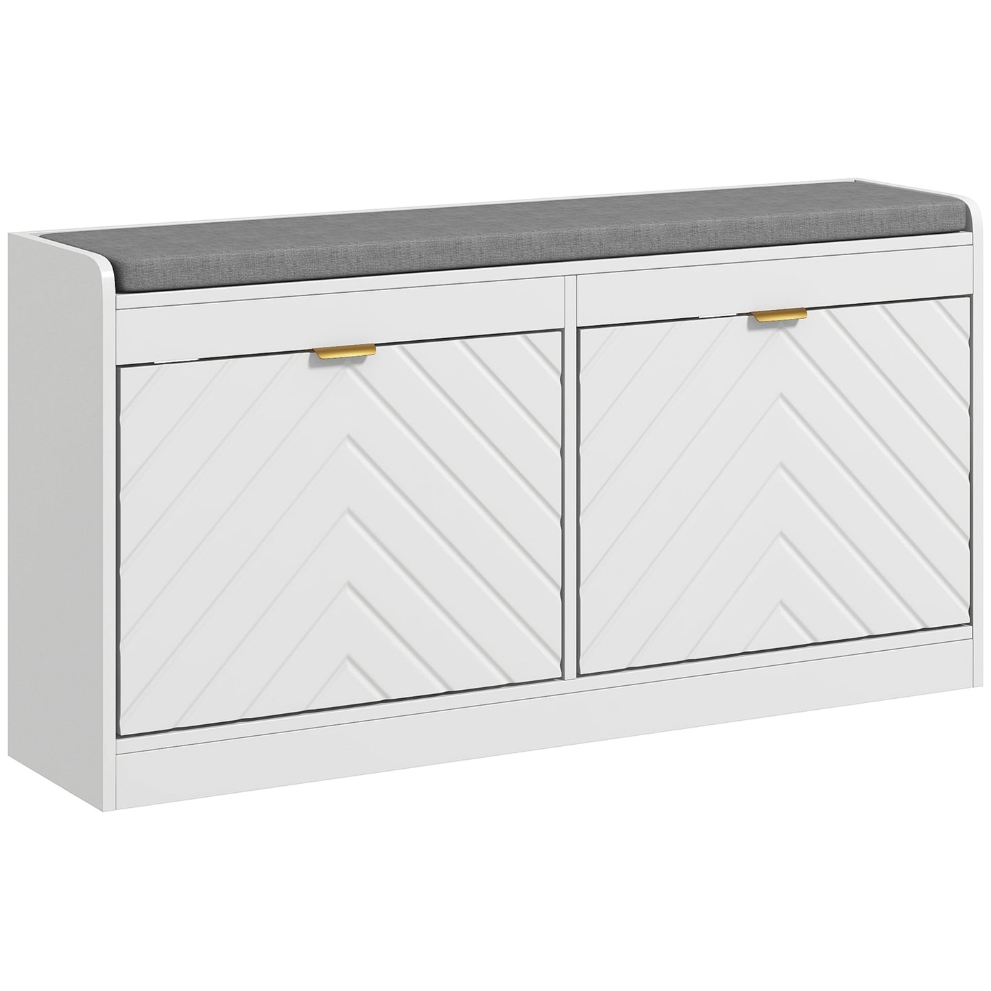 Kera Wooden White Upholstered Shoe Bench With 2 Flip Drawers and Grey Padded Seat