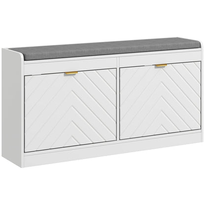 Kera Wooden White Upholstered Shoe Bench With 2 Flip Drawers and Grey Padded Seat