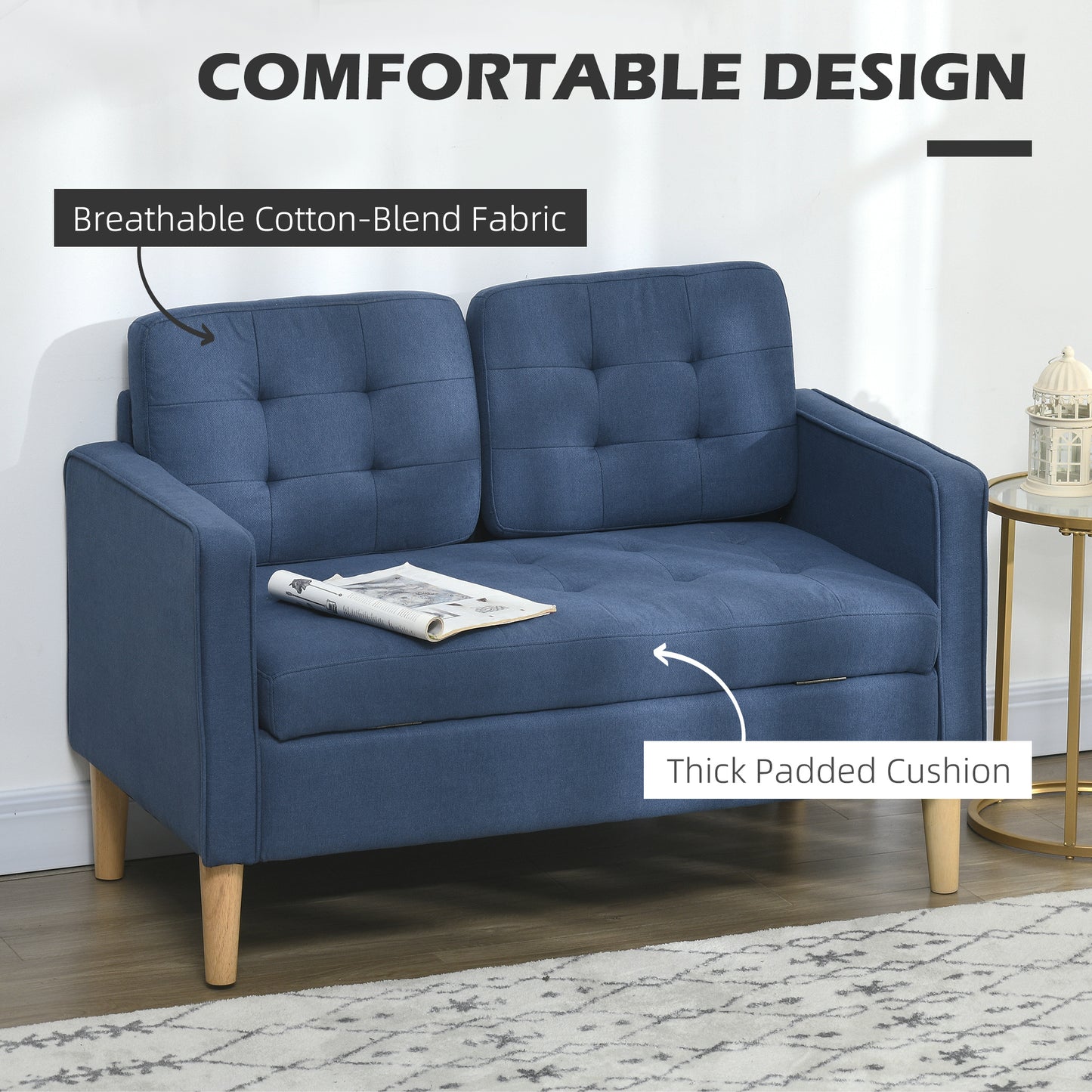 Vanasu Blue Compact 2 Seater Sofa With Hidden Storage Tufted Seat