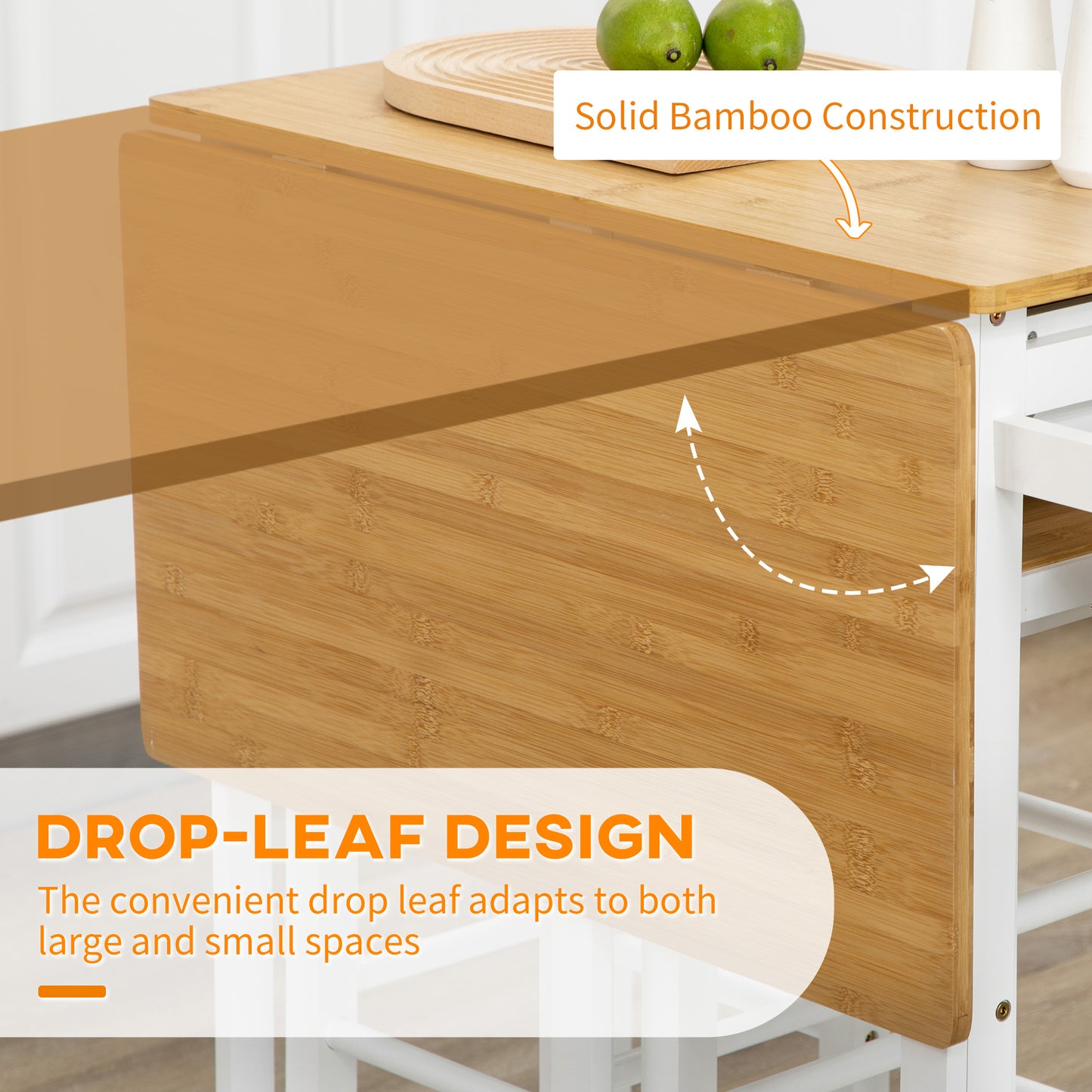 Elvami Vafa Wooden White Kitchen Island Set With 2 Stools Drop Leaf Top Drawers And Towel Rack