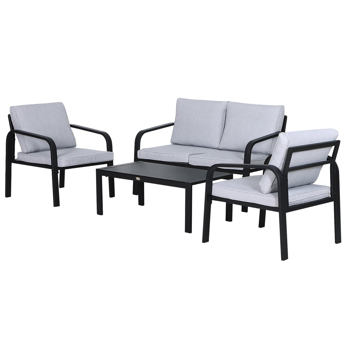 Salela 4 Seater Light Grey Garden Sofa Set with Sofa 2 Armchairs and Coffee Table Black Aluminium Frame
