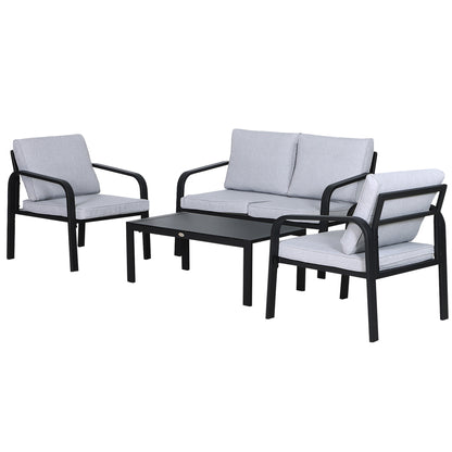 Salela 4 Seater Light Grey Garden Sofa Set with Sofa 2 Armchairs and Coffee Table Black Aluminium Frame