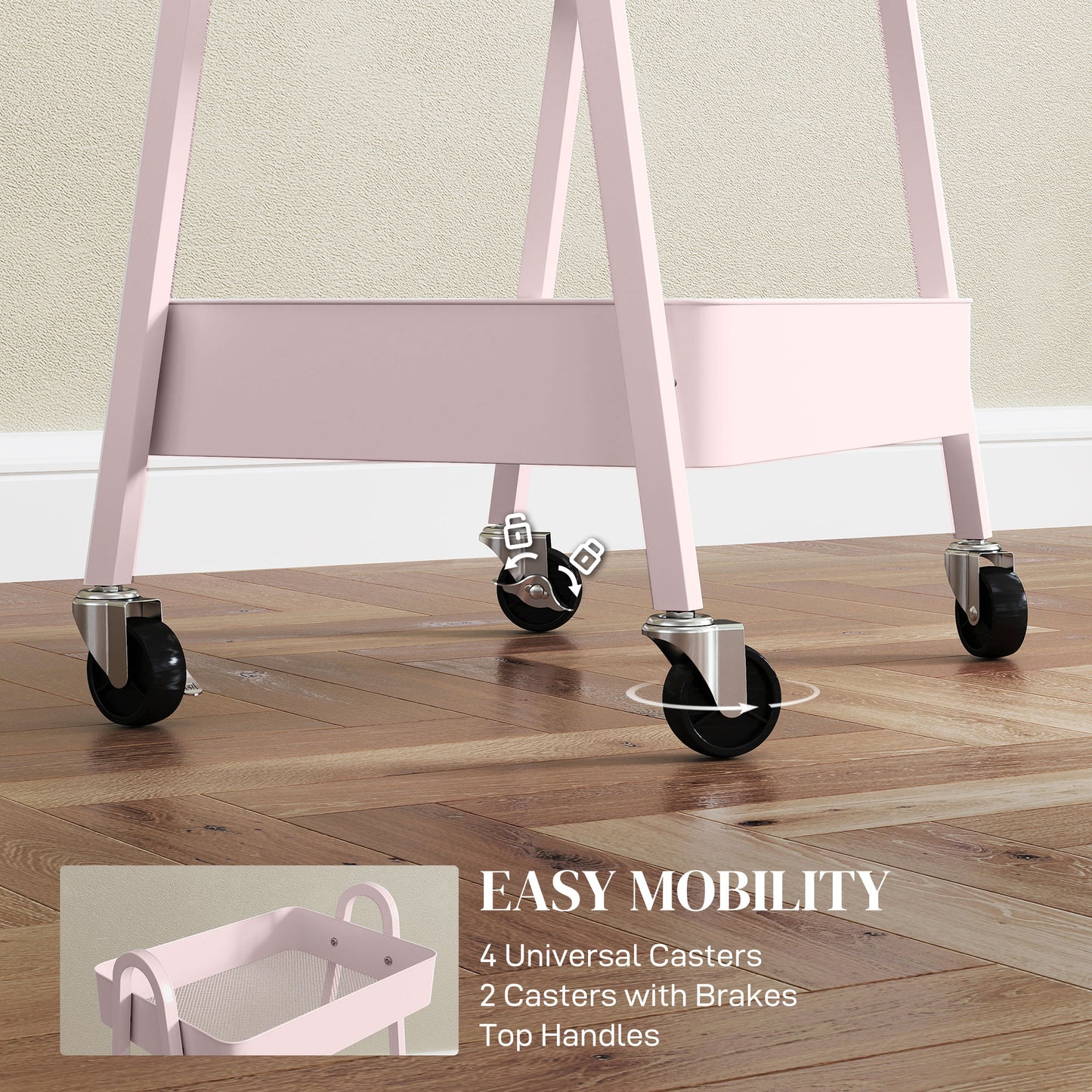 Subase Metal Pink 3 Tier Storage Trolley With Wheels
