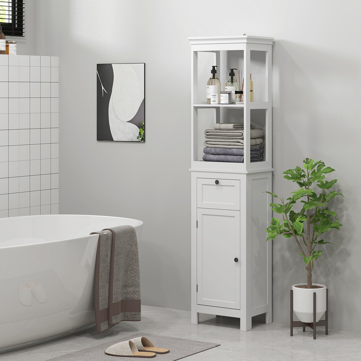 Ralo Tall Slim Bathroom Storage Cabinet With OFauxn Shelves Drawer And Soft Close Door White