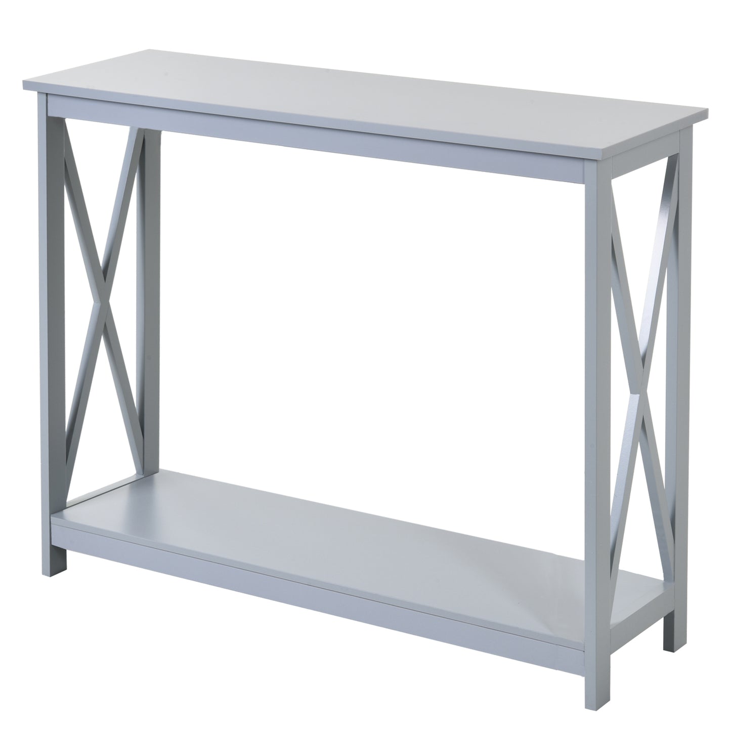 Reluba Wooden Grey X Frame Console Table With Bottom Shelf For Hallway