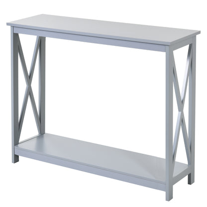Reluba Wooden Grey X Frame Console Table With Bottom Shelf For Hallway