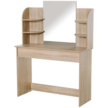 Vermani Natural Wood Dressing Table Desk With Mirror Large Drawers And 2 Tier Open Shelving For Bedroom