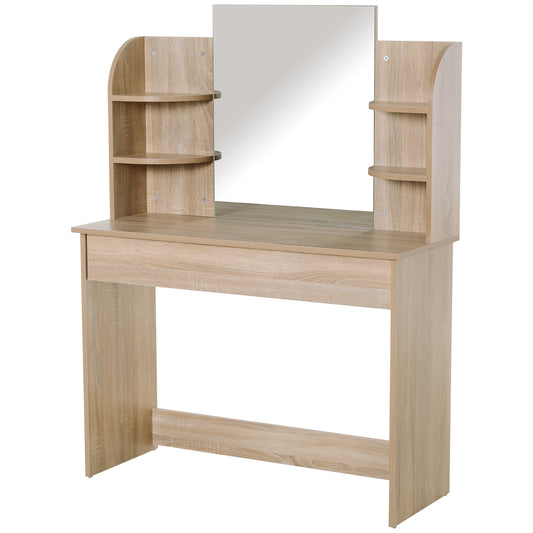 Vemami Fadi Natural Wood Dressing Table Desk With Mirror Large Drawers And 2 Tier OFauxn Shelving For Bedroom