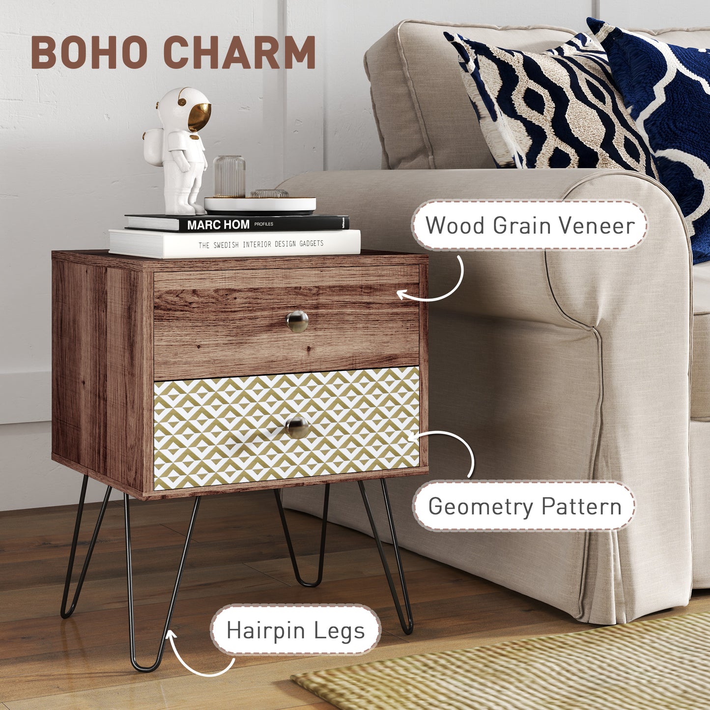 Lofake Scandinavian Brown 2 Drawer Nightstand