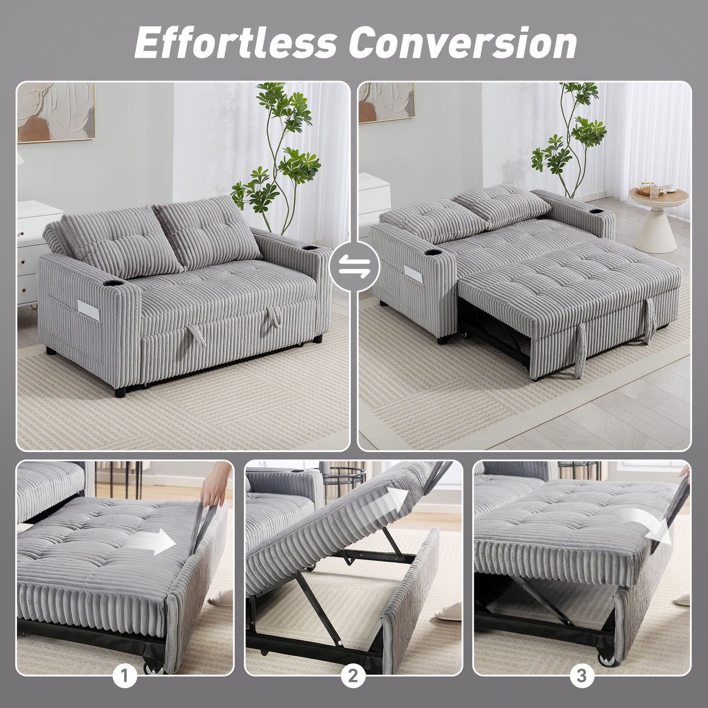 Lore Light Grey Corduroy 2 Seater Click Clack Sofa Bed