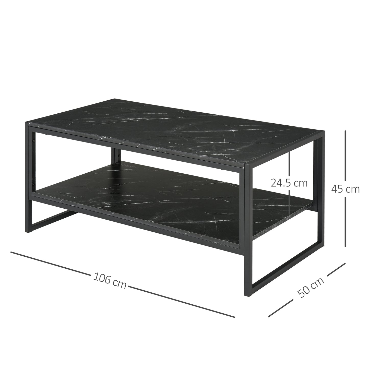 Minaba Metal And Wood Black 2 Tier Marble Effect Coffee Table With Bottom Shelf