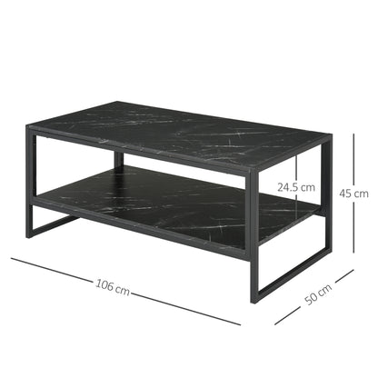 Minaba Metal And Wood Black 2 Tier Marble Effect Coffee Table With Bottom Shelf