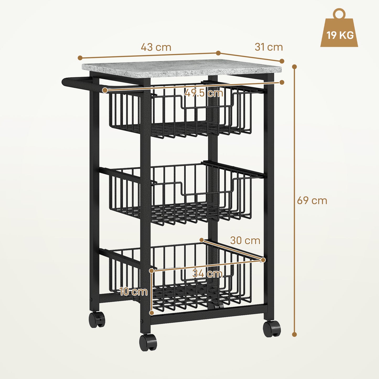 Firo Metal Grey And Black 3 Basket Mobile Kitchen Trolley With Locking Wheels