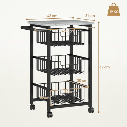 Firo Metal Grey And Black 3 Basket Mobile Kitchen Trolley With Locking Wheels