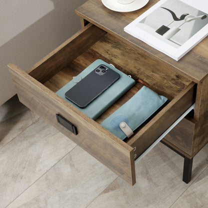Virado Coffee Brown Retro Bedside Table With 2 Drawers And Black Metal Legs