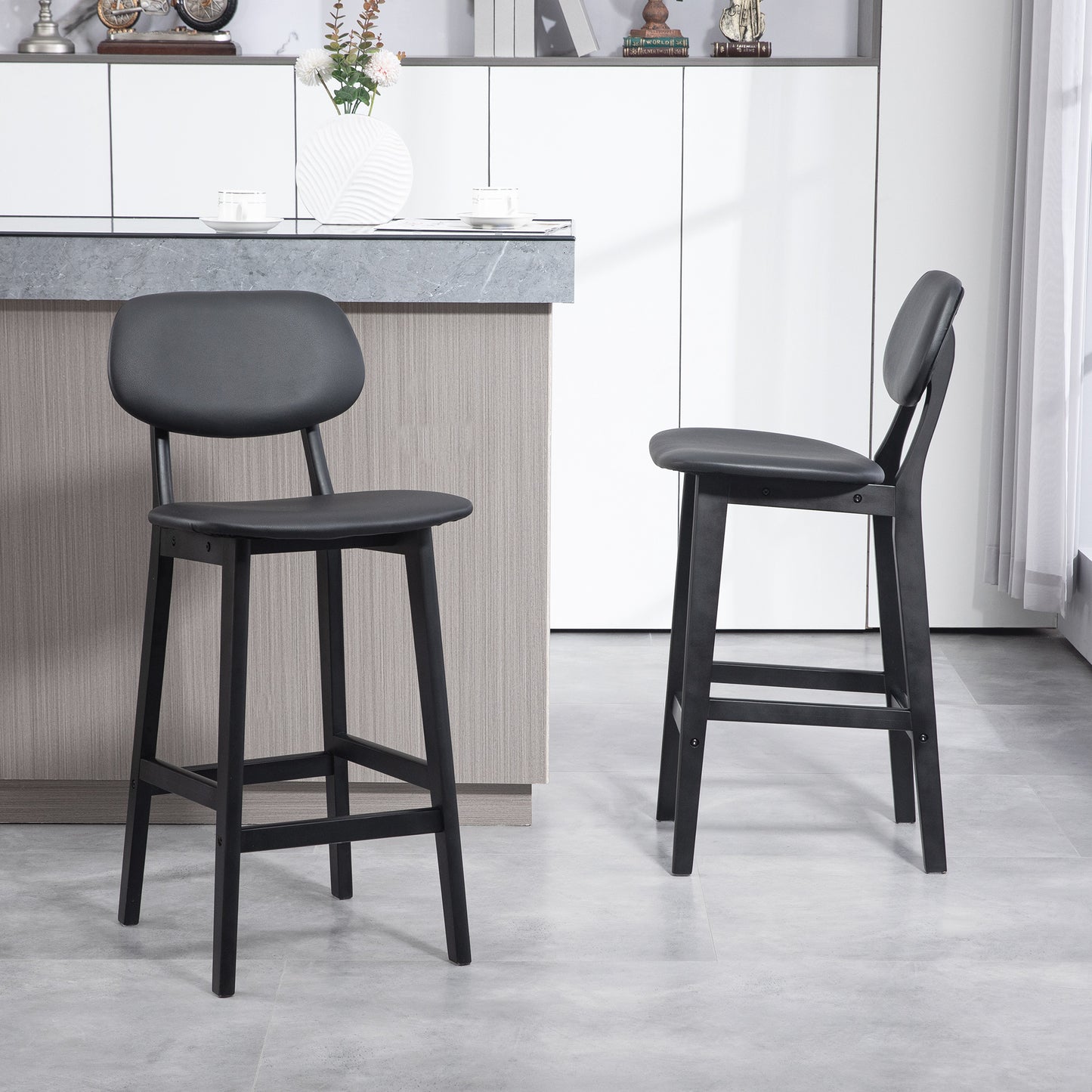Resono Solid Wood Black Classic Bar Stools Set Of 2 With Faux Leather Seats
