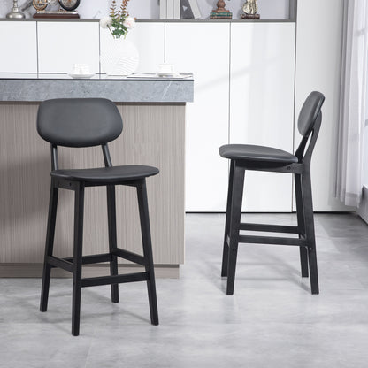Resono Solid Wood Black Classic Bar Stools Set Of 2 With Faux Leather Seats