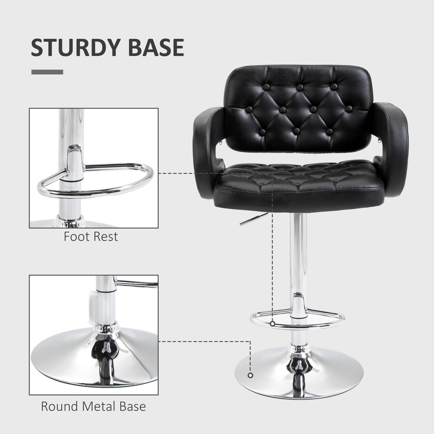 Hafi Rino Faux Leather Black Adjustable Swivel Bar Stools Set Of 2 With Back And Arm Support