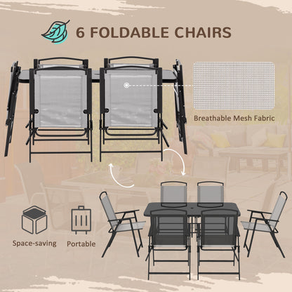 Lobama 6 Seater Grey Mesh Garden Dining Set with Glass Top Table and Folding Chairs