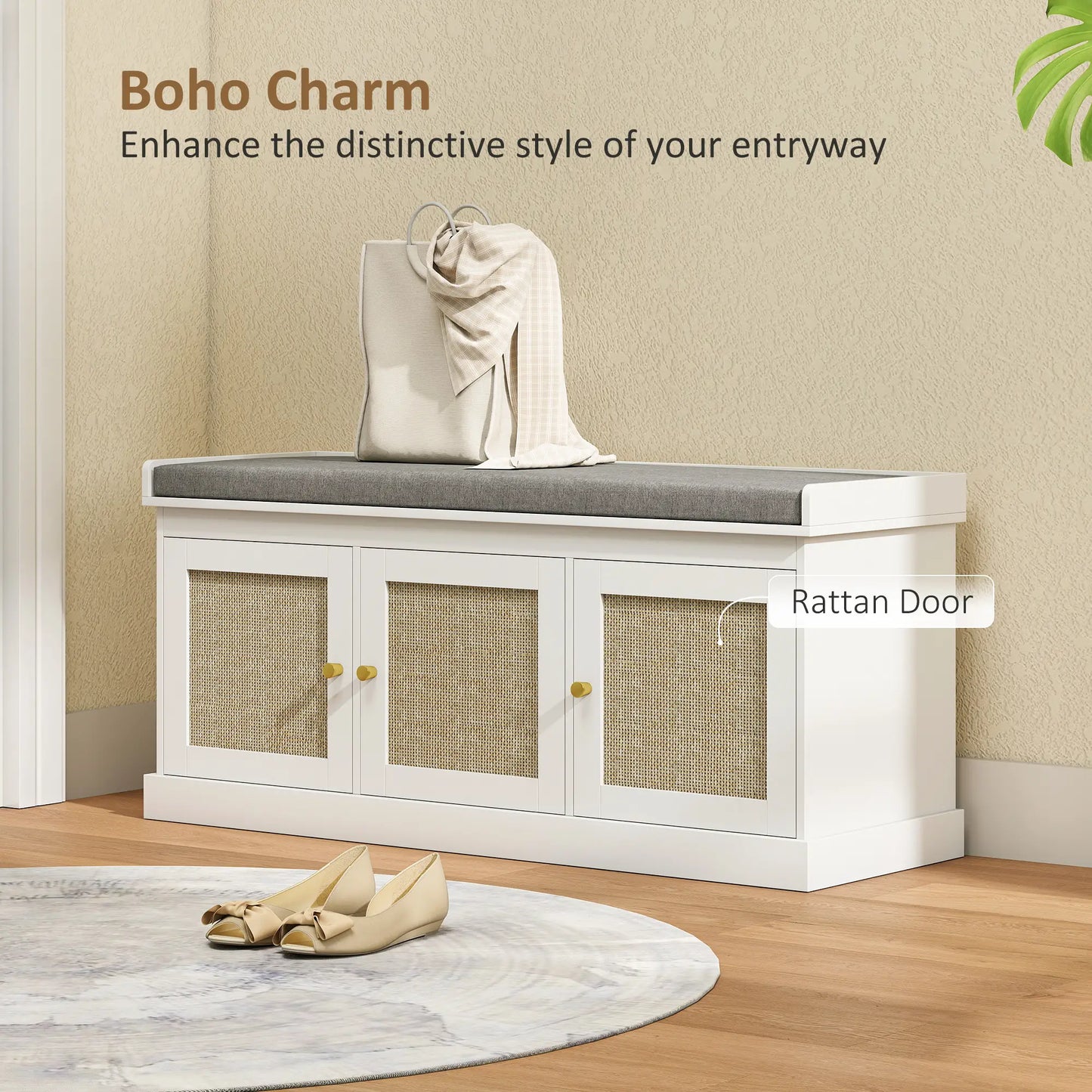Wooden White Shoe Bench With 3 Woven Rattan Doors And Grey Padded Seat