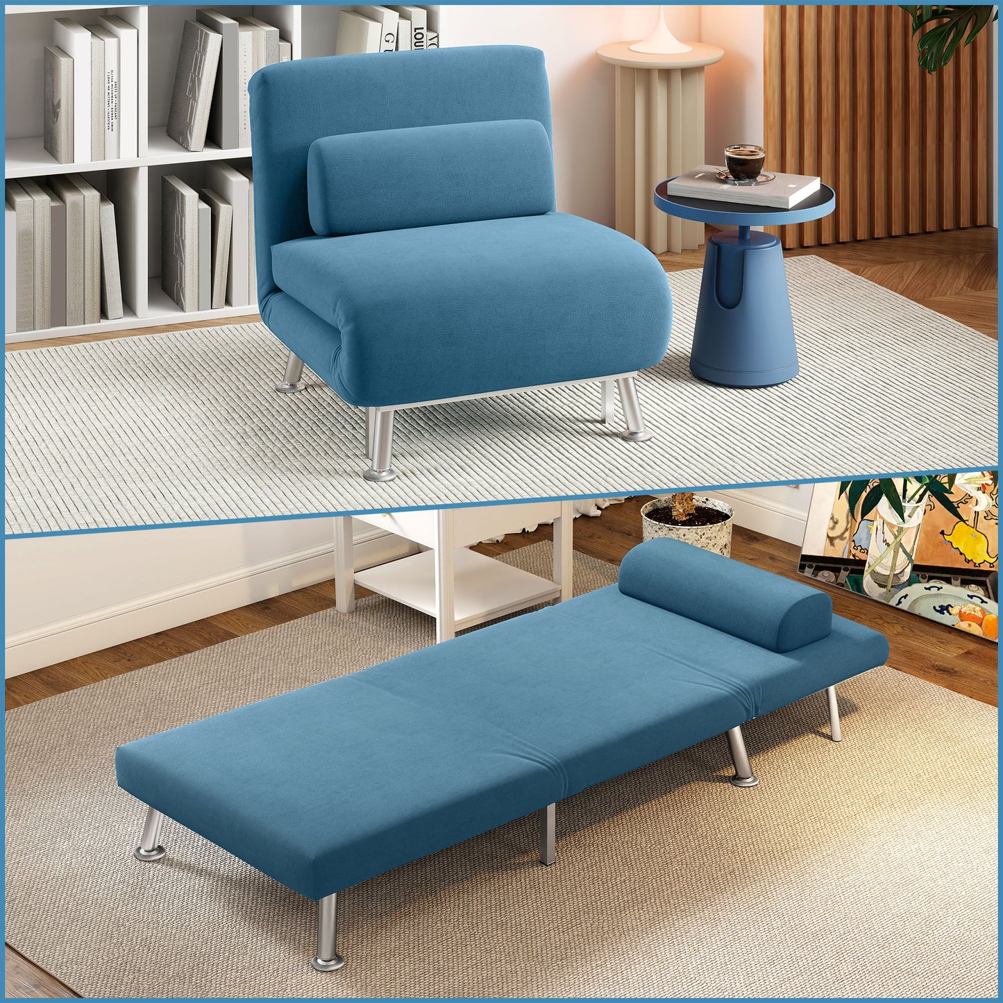 Ziel Lika Blue Velvet Single Sleeper Chair Silver Metal Legs